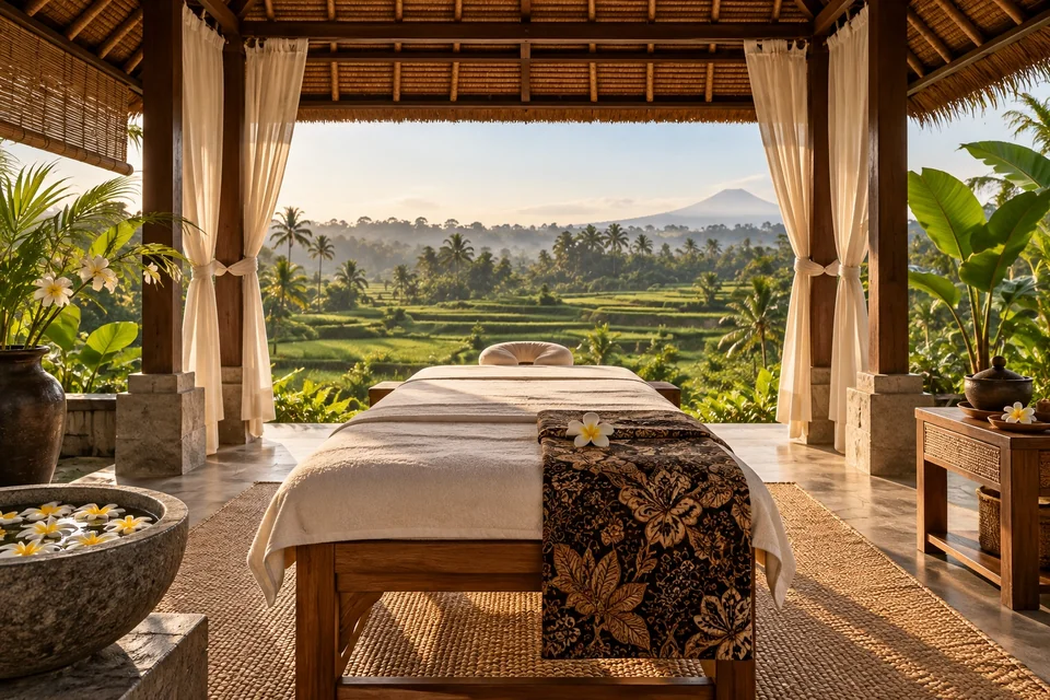 Open-air spa pavilion with a massage table and frangipani; visualisation