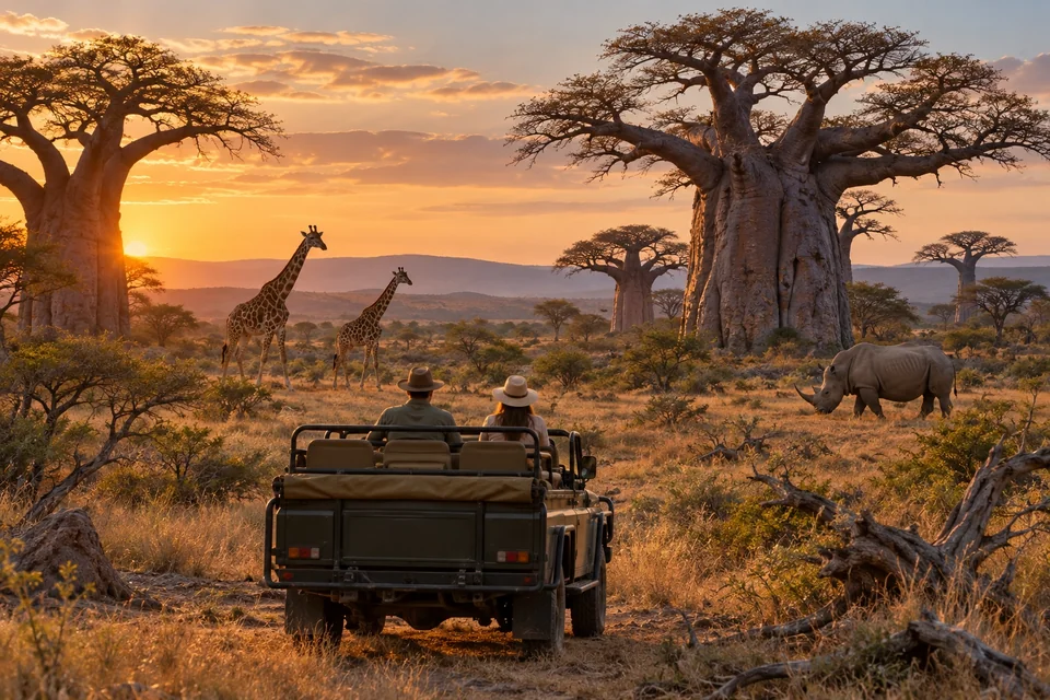 Open-top safari vehicle near giraffes among baobabs; visualisation