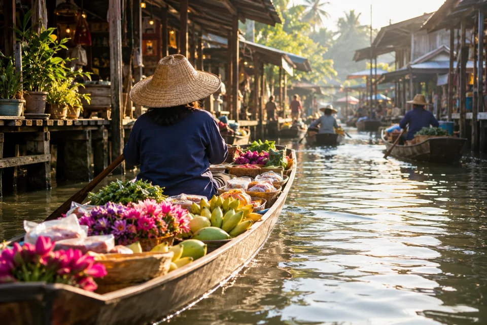 A wooden boat of fruit and flowers at a floating market near Bangkok with a vendor in a straw hat from behind, visualization