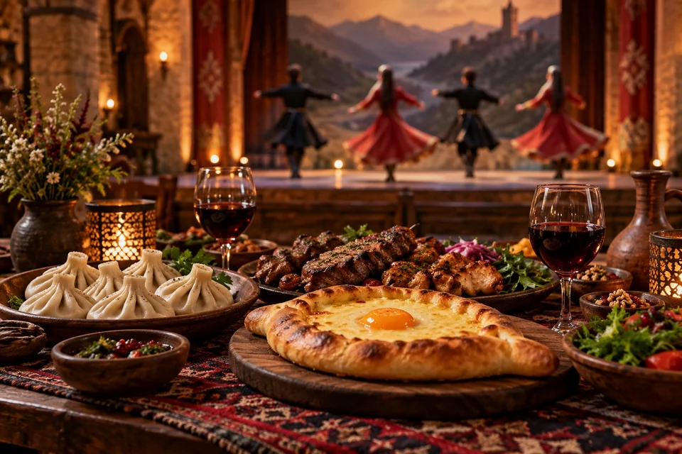 Georgian feast table with folk dancers behind; visualisation