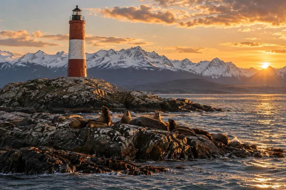 Red and white End of the World lighthouse and sea lions on a rocky islet in the Beagle Channel