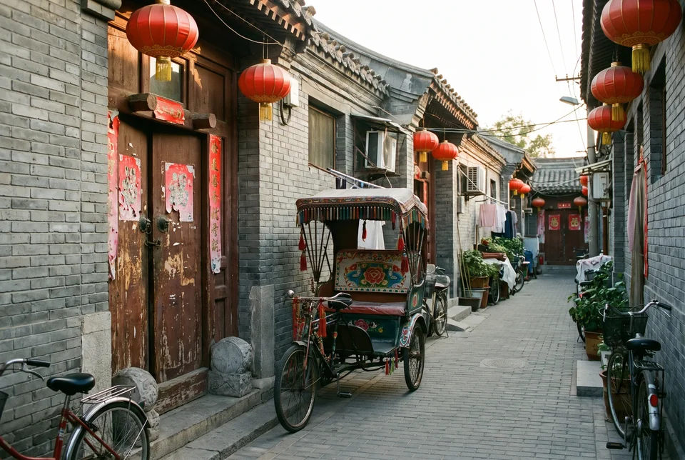 Red lanterns and a decorated rickshaw in a Beijing hutong alley, visualization