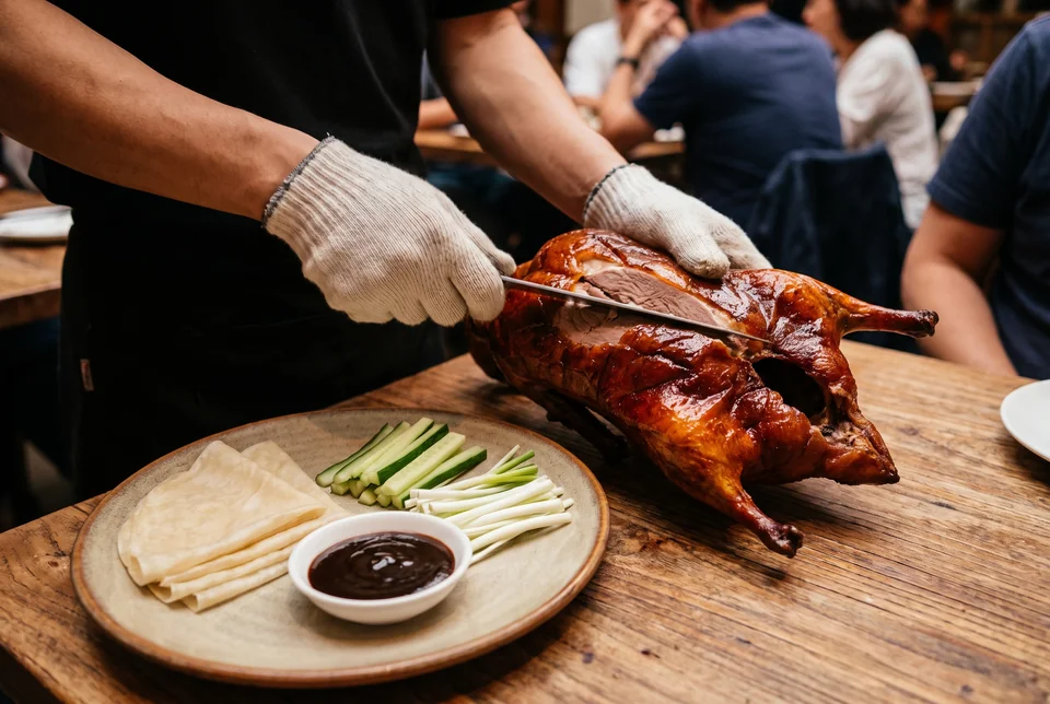 Peking duck being carved, with pancakes, cucumber and sauce, visualization