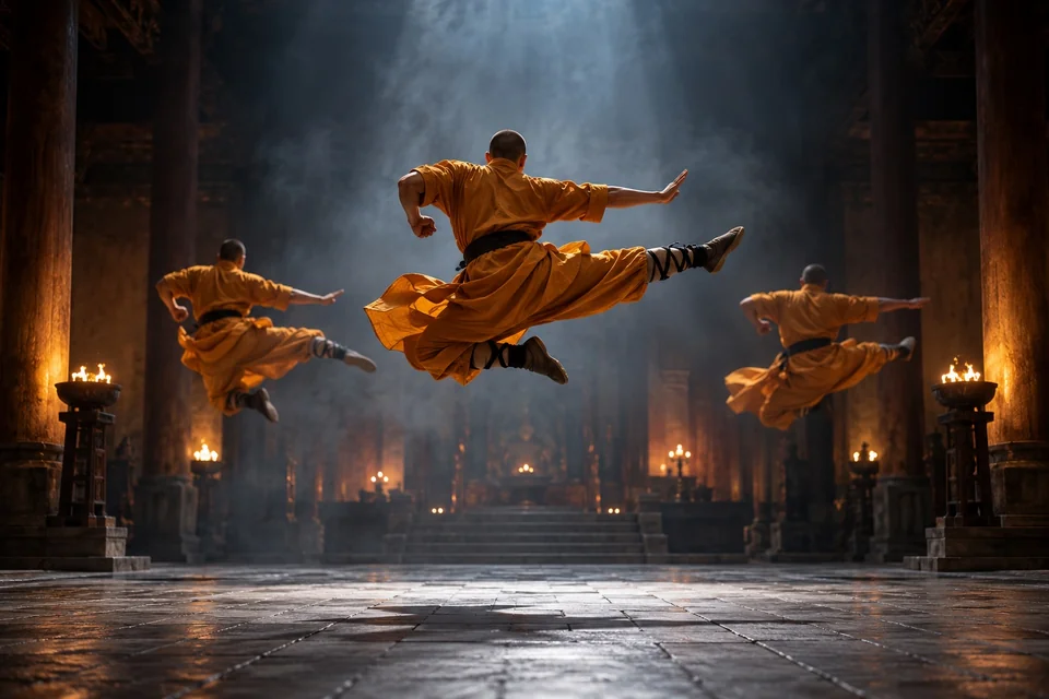 Martial artists in saffron robes mid-leap on a spotlit stage; visualisation