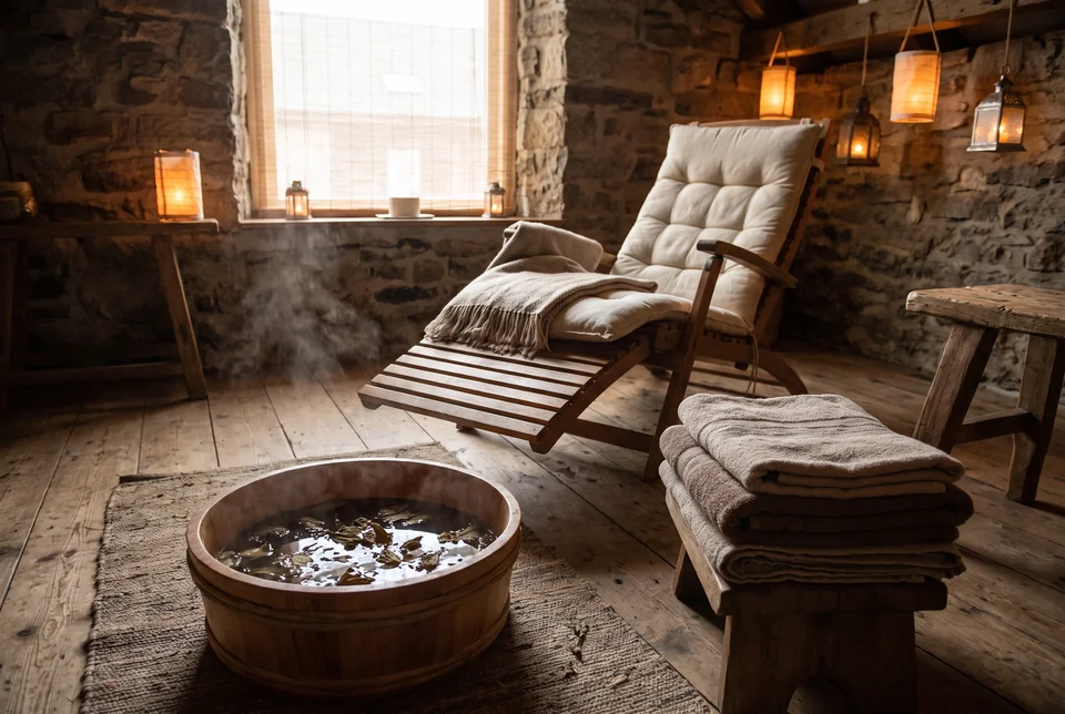 Wooden foot-bath basin and a lounge chair in a Beijing foot massage room, visualization