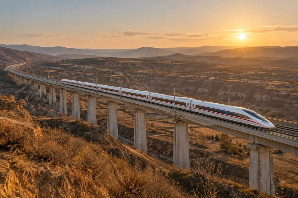 High-speed train on a viaduct above the loess plain at sunset on the Beijing-Xian line