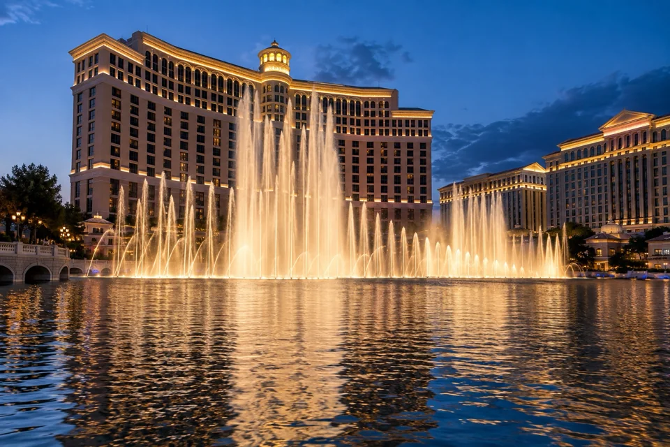 Columns of water rising into the night sky at the Bellagio fountain show in Las Vegas