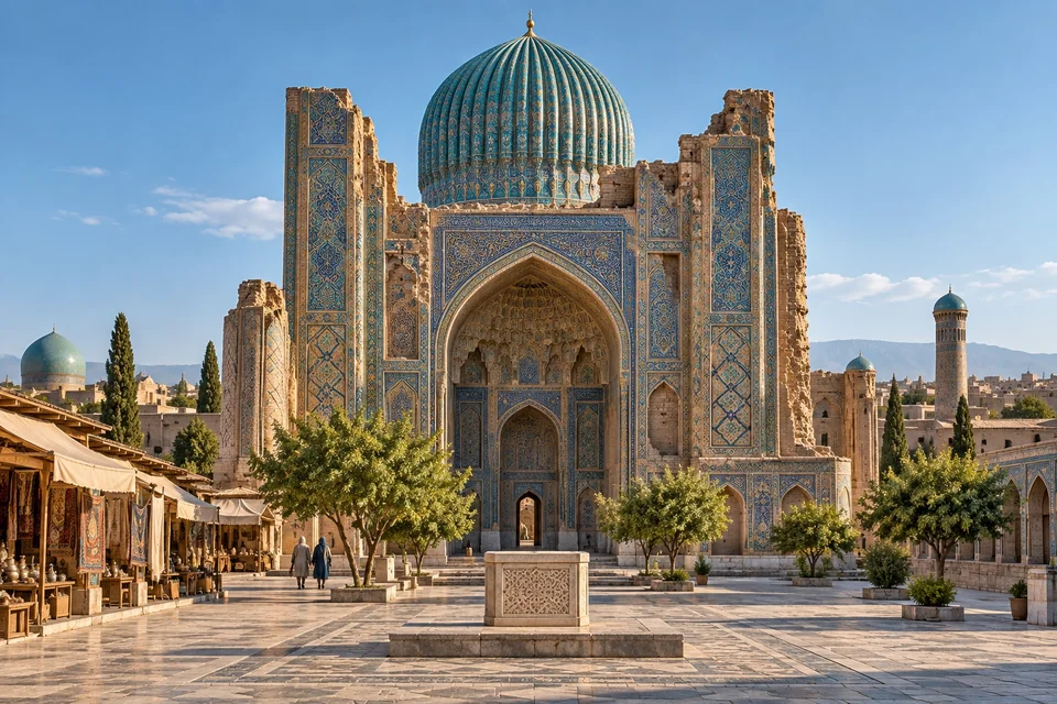 Massive mosque portal and a ribbed turquoise dome; visualisation