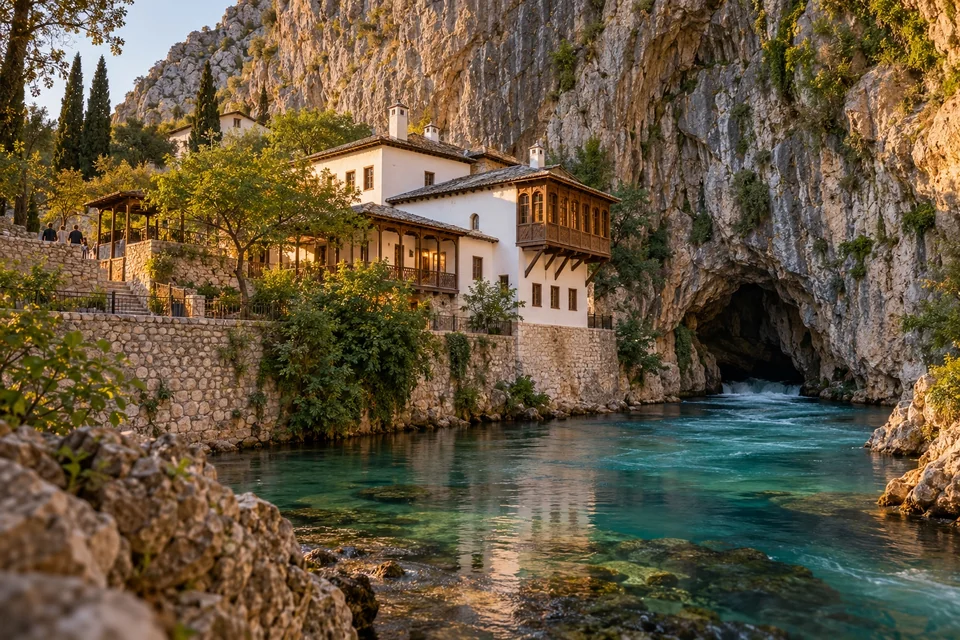 White dervish lodge at the foot of a cliff by a river spring; visualisation