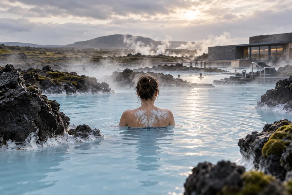 Steaming milky blue geothermal water among black lava rocks; visualisation