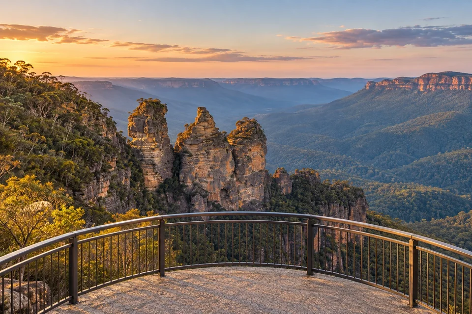 Three sandstone rock pillars above a blue-hazed valley; visualisation