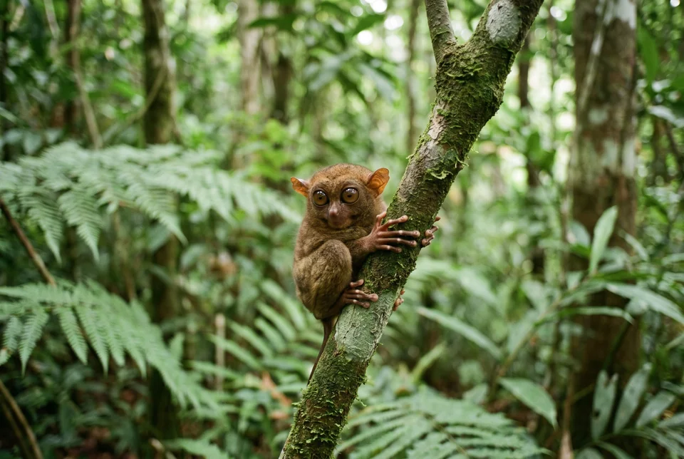 A tarsier clinging to a branch in the Bohol forest, visualization