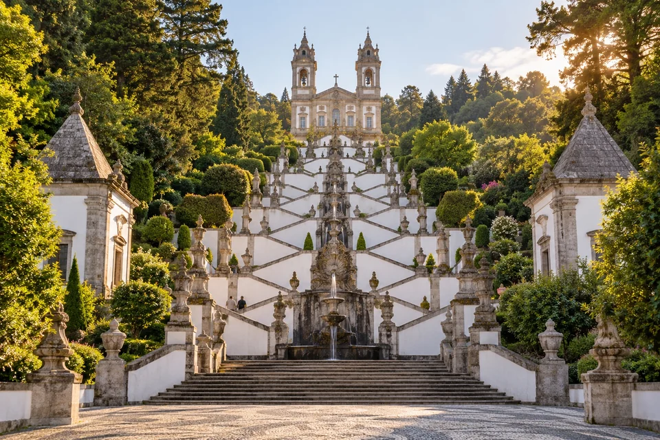Zigzag baroque staircase climbing to a twin-towered church; visualisation