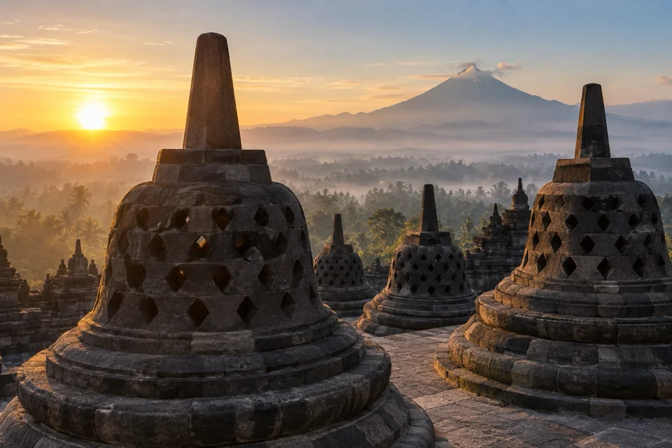 Bell-shaped stupas on the upper terrace of Borobudur Temple with a misty Mount Merapi
