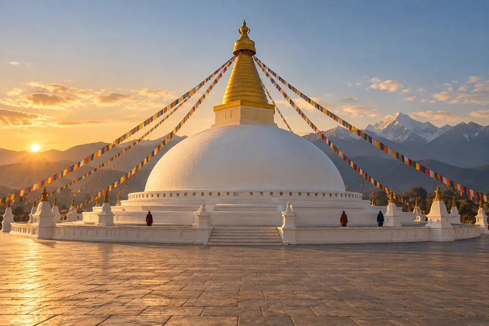Giant white stupa with radiating prayer flags; visualisation
