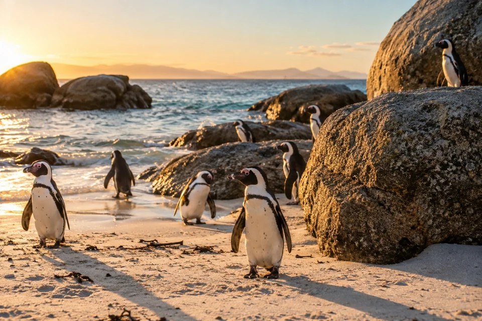 African penguins on the white sand of Boulders Beach at Simon's Town