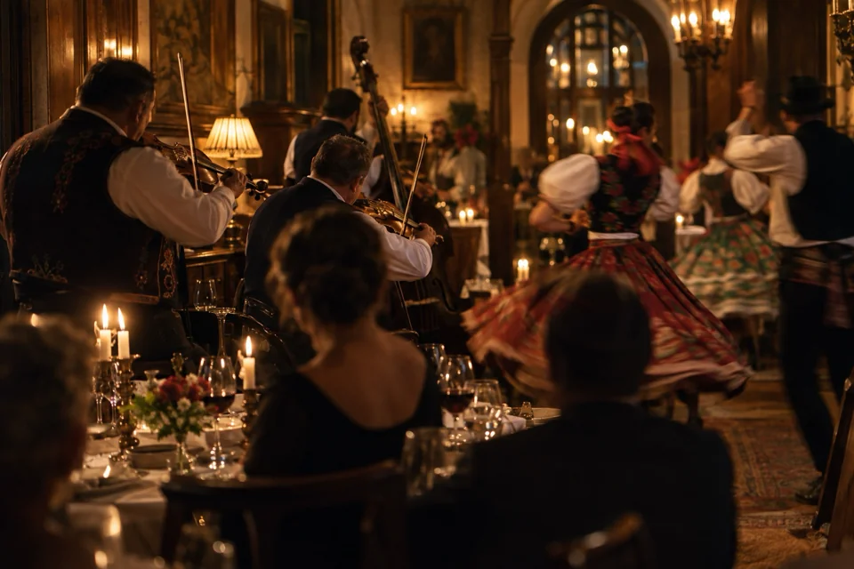 Violinists and Hungarian folk dancers at a Gypsy night in Budapest