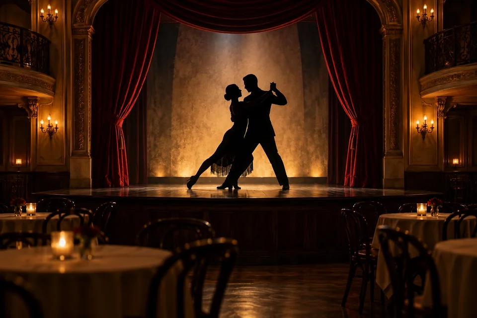 Tango couple on a small stage beyond candlelit dinner tables; visualisation
