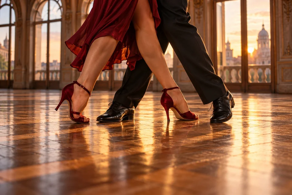 Tango shoes mid-step on a polished ballroom floor; visualisation