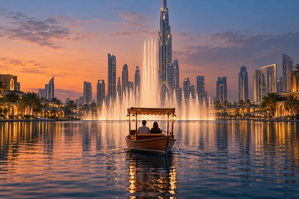 Wooden abra boat on a calm lake at dusk with a dancing fountain behind; visualisation
