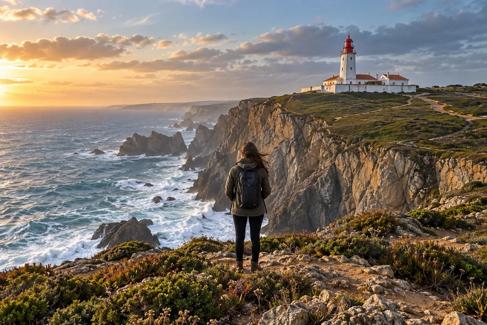 Sea cliff headland with a red-topped lighthouse; visualisation