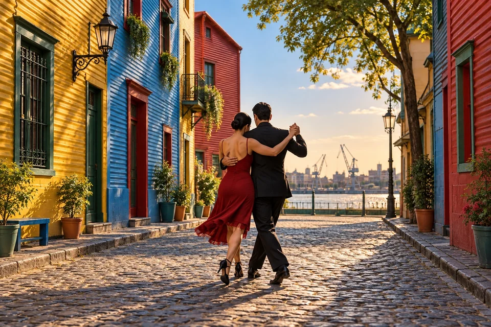 Brightly painted tin houses with a tango couple on the cobbles; visualisation