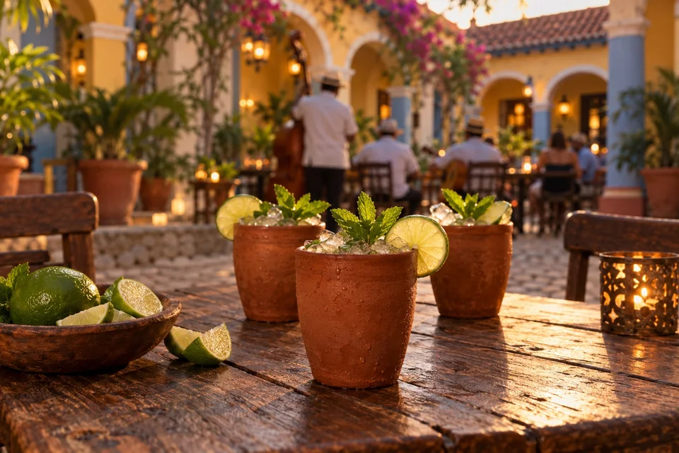 Clay cups of a honey lime rum cocktail in a colonial tavern; visualisation