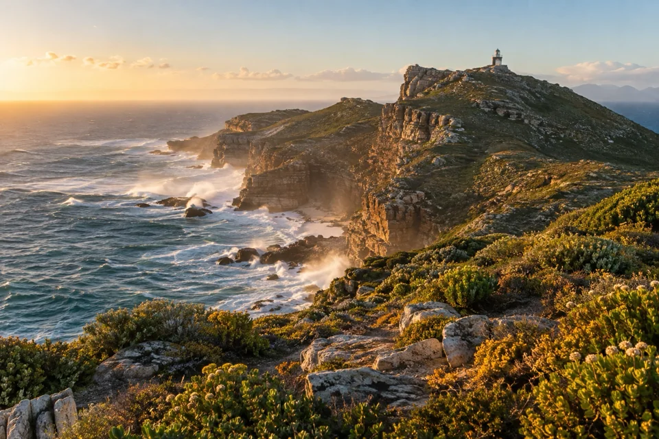 Rocky headland of the Cape of Good Hope and the ridge-top lighthouse from Cape Point