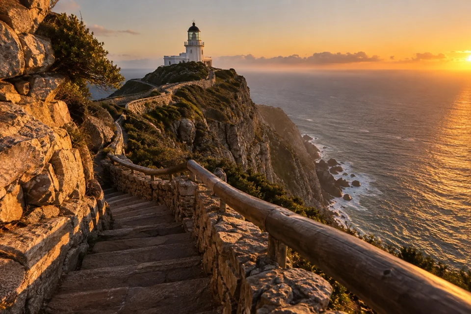 Old lighthouse and viewpoint on the clifftop at Cape Point at sunset