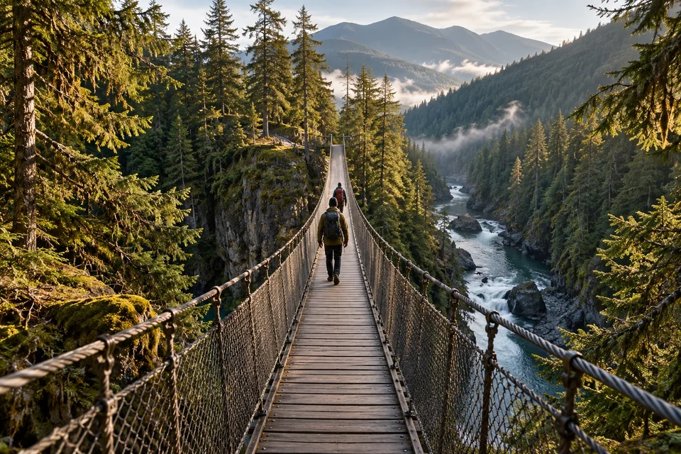 Long suspension bridge high over a canyon in a fir rainforest; visualisation
