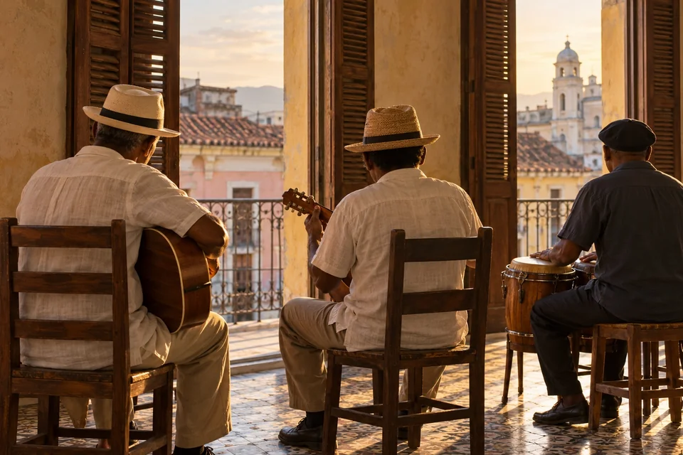 Musicians playing guitar and bongos in a colonial music hall; visualisation