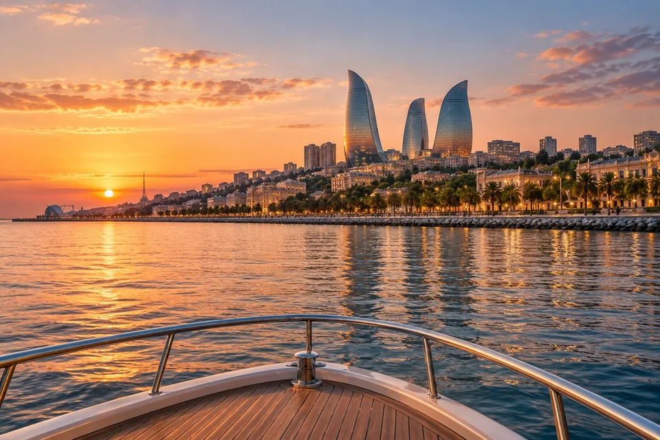 Boat view of a seaside boulevard and flame-shaped towers at sunset; visualisation