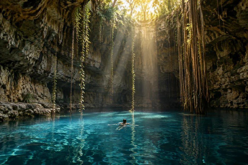 Swimmer in the clear blue water of a Mayan cenote near Valladolid, roots hanging overhead