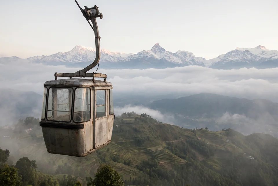 Cable car cabin above the clouds with Himalayan peaks at Chandragiri, visualization