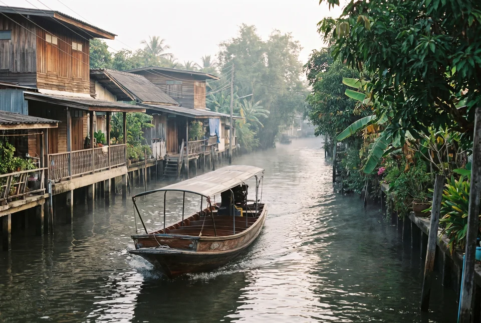 Longtail boat beside wooden stilt houses on a Chao Phraya canal, visualization