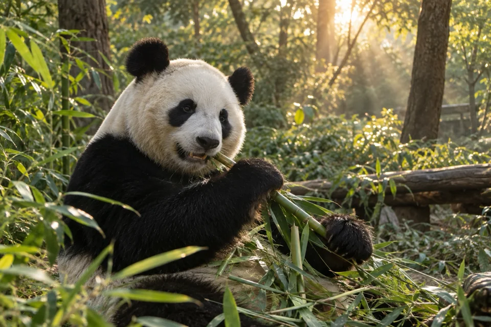 Giant panda eating bamboo at the Giant Panda Breeding Research Base in Chengdu