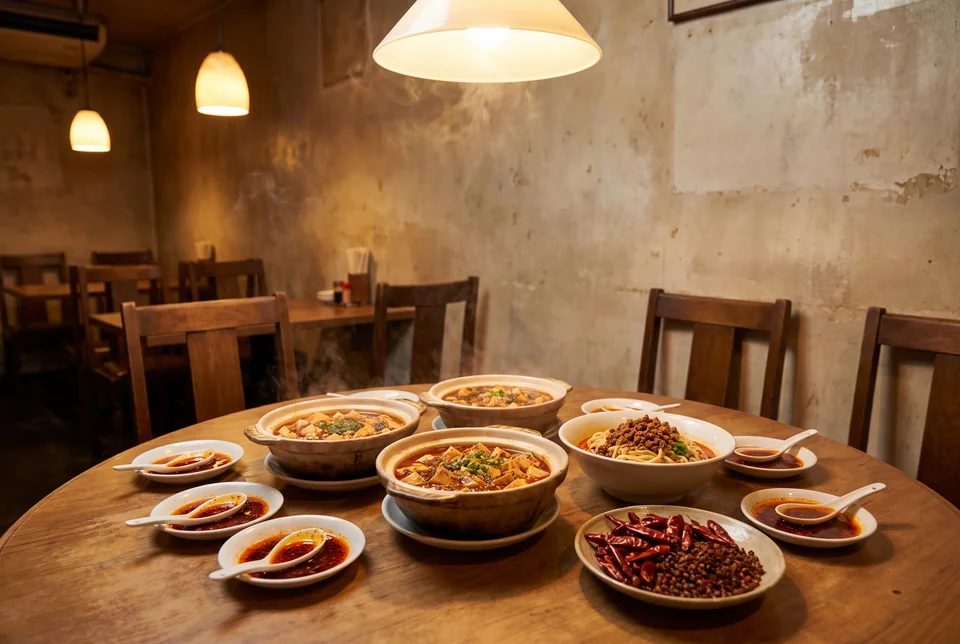 Sichuan dishes in bowls with chilli sauce and dried chillies in Chengdu, visualization