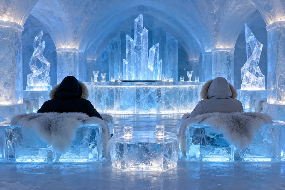 Ice lounge with carved ice sofas and a blue-lit ice bar; visualisation