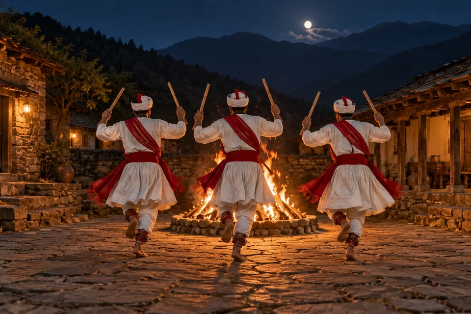 Traditional stick dance around a fire in a village courtyard; visualisation