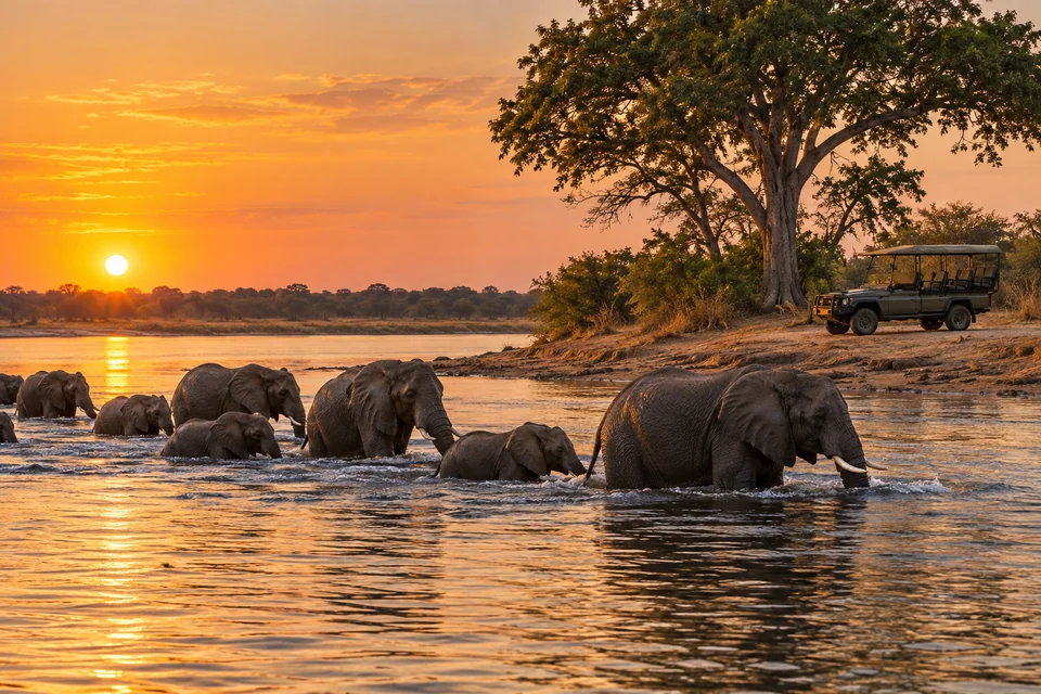 Elephants crossing the Chobe River at sunset with a safari vehicle waiting on the bank