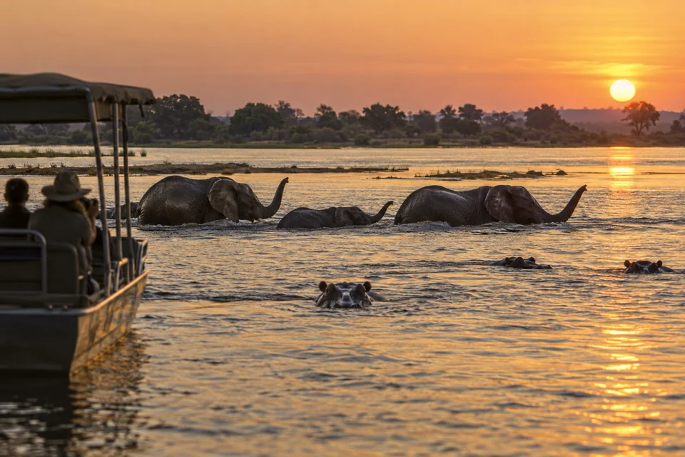 Boat safari on the Chobe River at sunset as elephants swim across