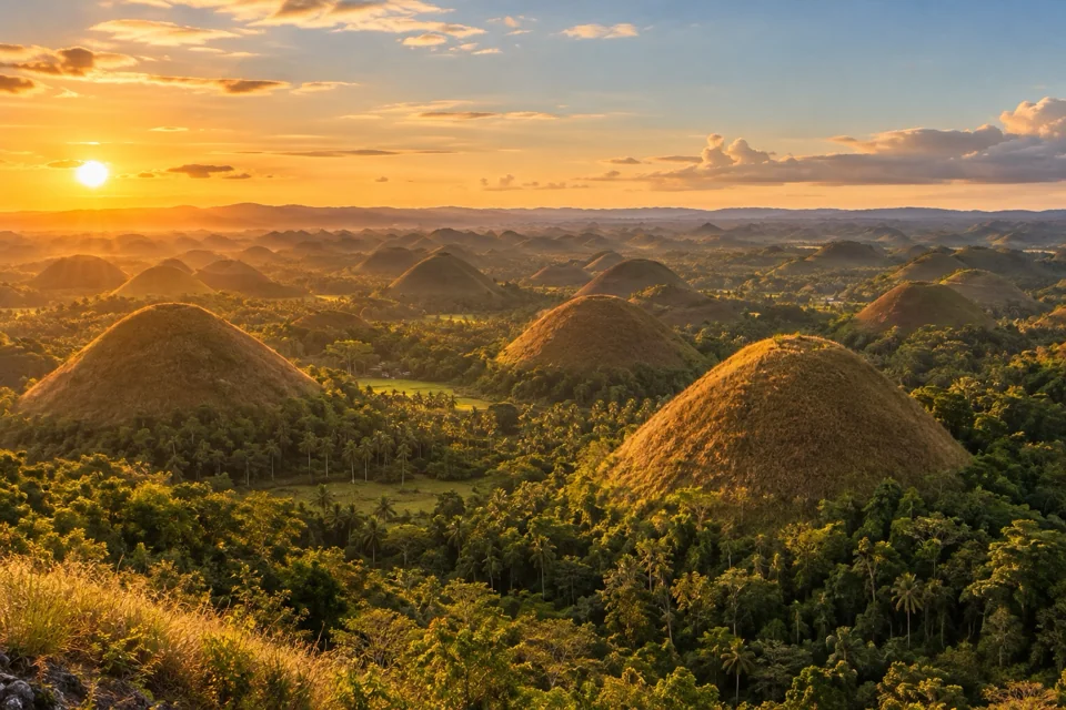 Panorama of hundreds of rounded Chocolate Hills stretching to the horizon in Bohol