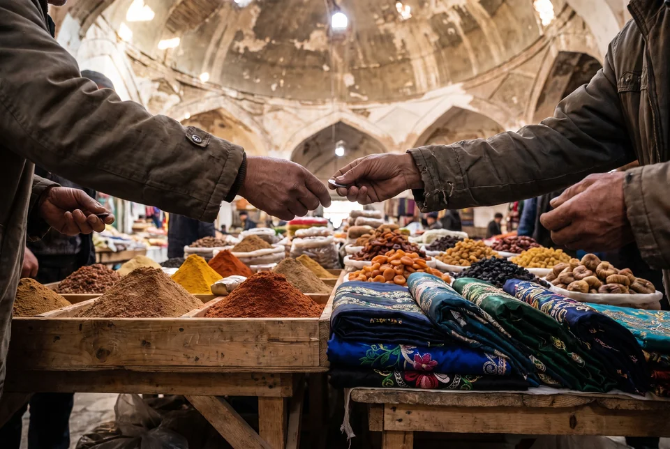 Spice mounds, dried fruit and silk fabrics at Chorsu Bazaar, visualization
