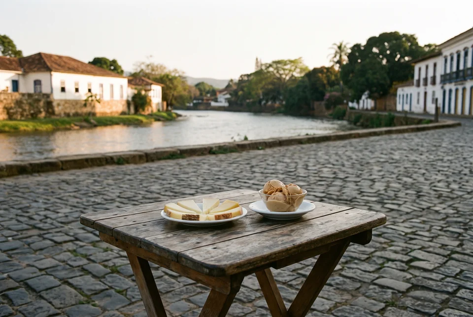 Cheese and ice cream on a wooden table on a cobbled street by the river in Colonia del Sacramento, visualization
