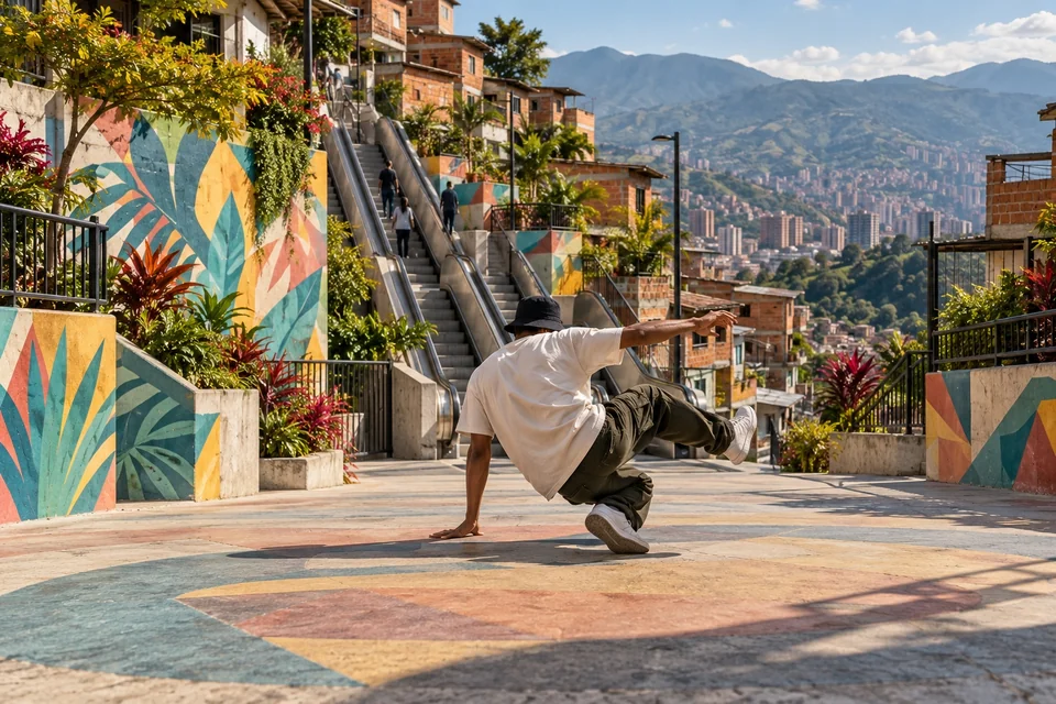 Colourful hillside murals with a street dancer, from behind; visualisation