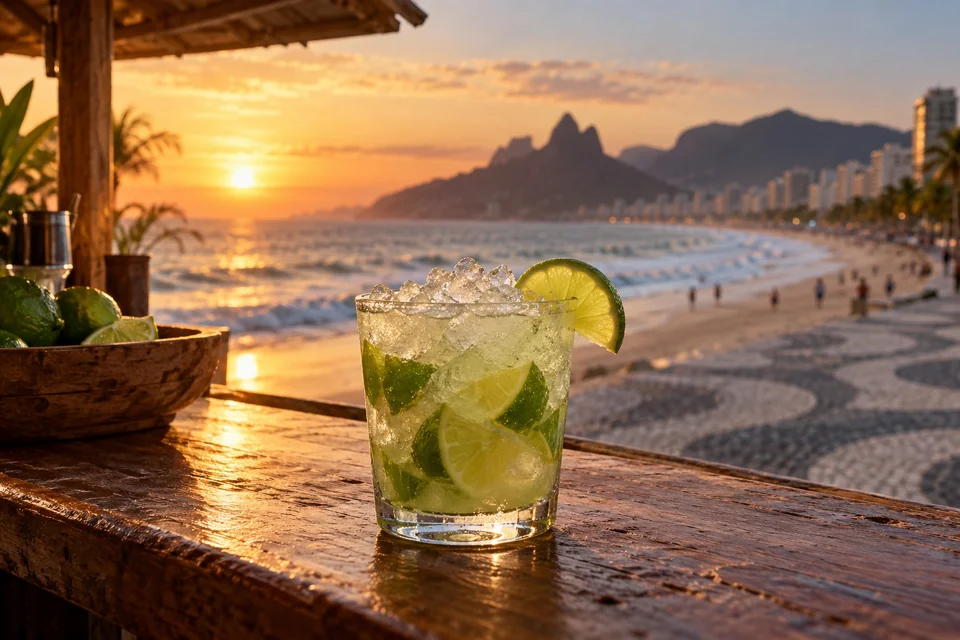 Caipirinha on a beach kiosk counter with a wave-patterned promenade; visualisation