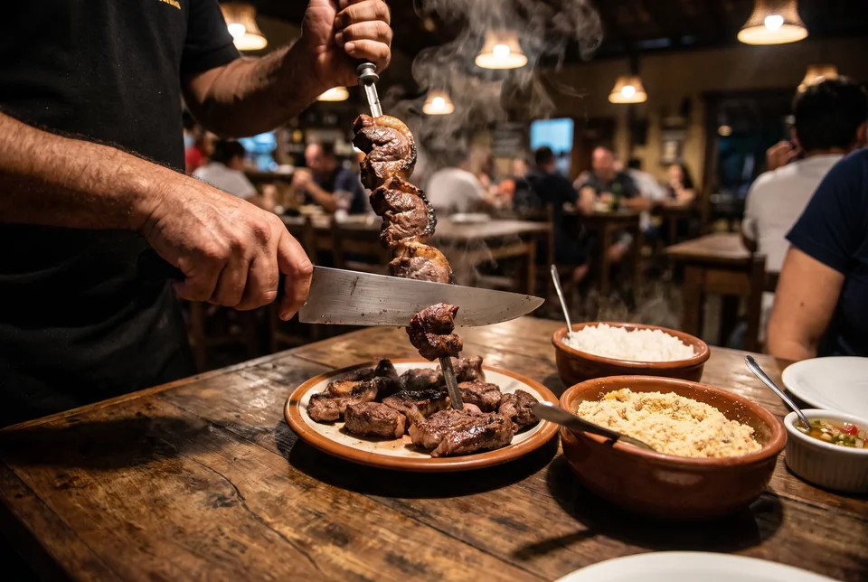 Grilled meat carved from a skewer at a churrascaria table with rice and farofa, visualization