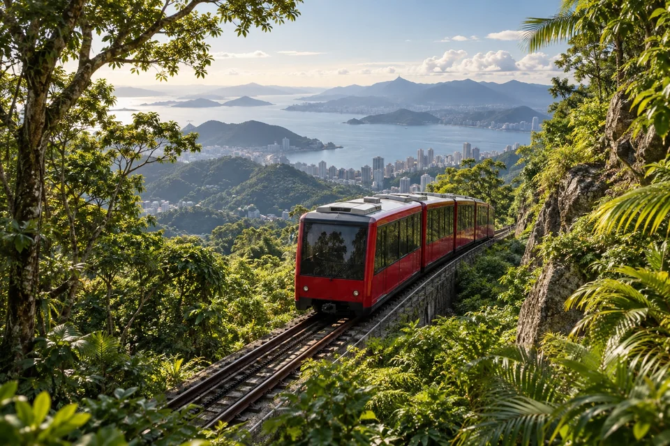 Red cog train climbing through tropical forest to a summit; visualisation