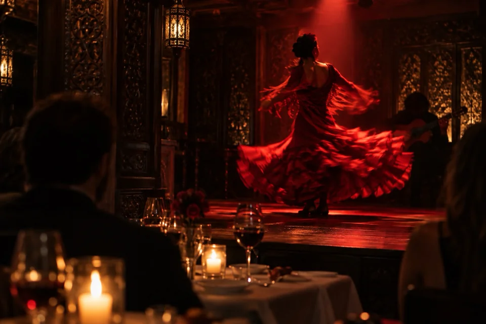 Flamenco show under red light beyond candlelit dinner tables in Madrid