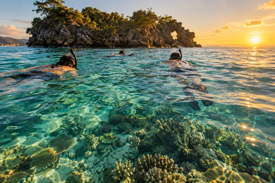 Snorkellers over the coral reef off Crocodile Island near Boracay